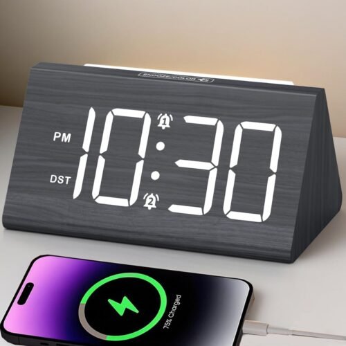 Digital Clock, Wooden Digital Alarm Clocks with 7 Colors Ambient Light for Be...