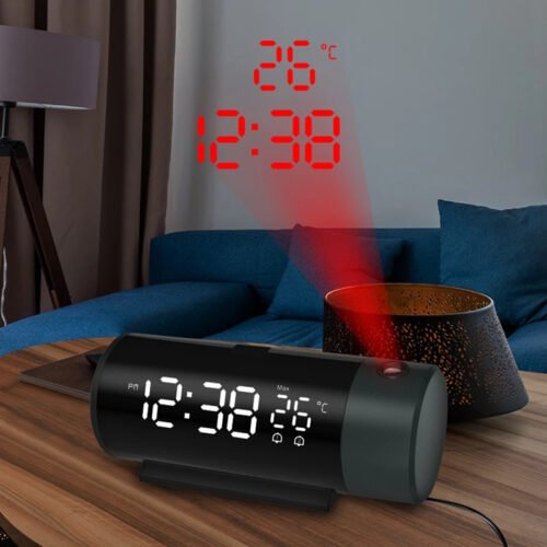 Digital Dual Alarm Clock LED Projector Thermometer Desk Bedroom Bedside 180° Rot