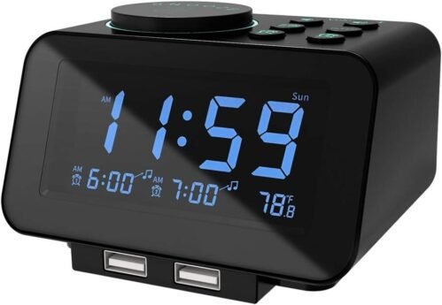 Digital Dual Alarm Clock Radio - 0-100% Dimmer 6 Sounds 2 USB Charging Ports