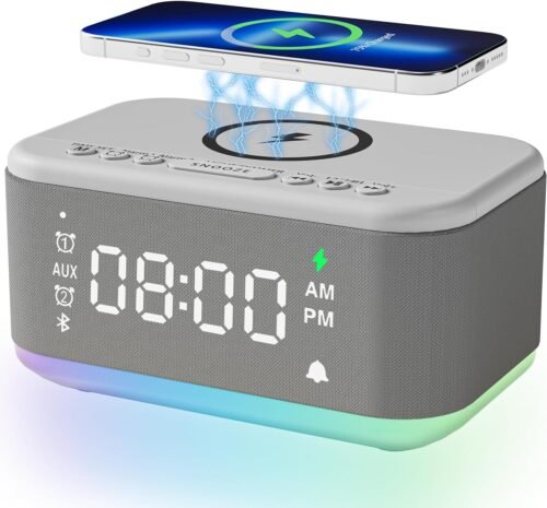 Digital Dual Alarm Clock, Speaker Wireless Charger, Dimmable Light, 12H 24H RGB