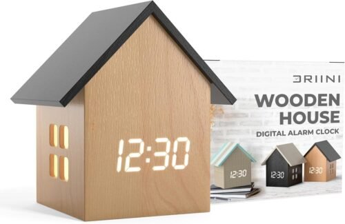 Digital House-Shaped Alarm Clock with Temperature Small Light Wood; Black Roof