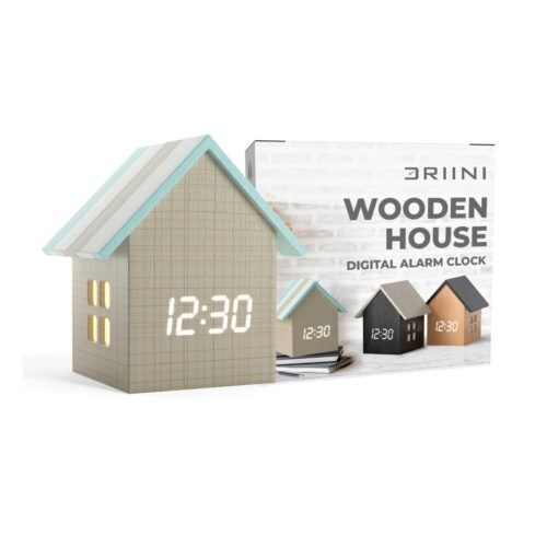 Digital House Shaped Alarm Clock with Temperature Display (Stripe Wood) – Mod...