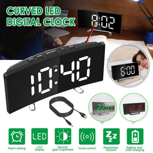 Digital Large LED Display Screen Curved Desk Snooze Alarm Clock USB Battery USA