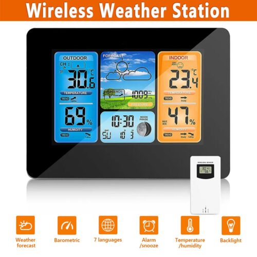 Digital LCD Indoor & Outdoor Weather Station Clock Calendar Thermometer Wireless