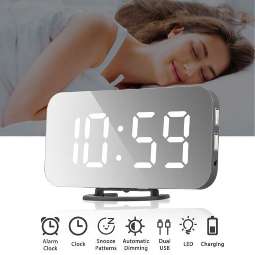 Digital LED Alarm Clock 12/24 Hour Display Mirror Snooze 2 USB Port Night Light