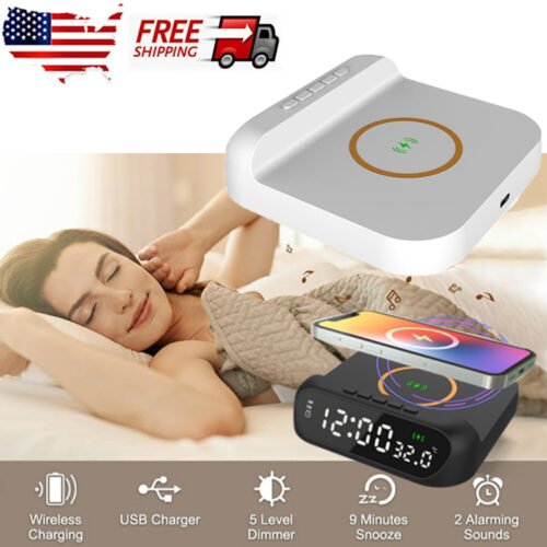 Digital LED Alarm Clock Phone Wireless Charger Charging Station Thermometer A