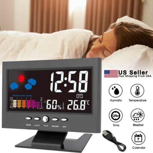 Digital LED Desk Alarm Clock Date Time Week Temp Humidity Weather Display Snooze