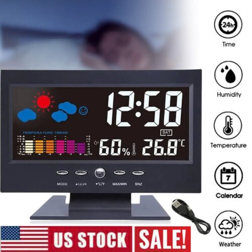 Digital LED Desk Alarm Clock Date Time Week Temp Humidity Weather Display Snooze