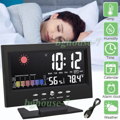 Digital LED Desk Alarm Clock Date Time Week Temp Humidity Weather Display Snooze