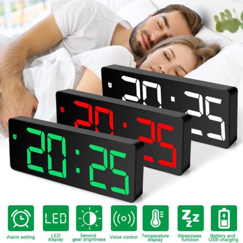 Digital LED Desk Alarm Clock Large Mirror Display USB Charge Snooze Temperature