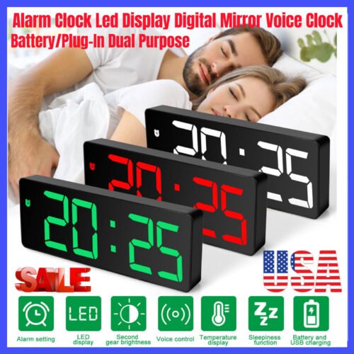 Digital LED Desk Alarm Clock Large Mirror Display USB Snooze Temperature Mode