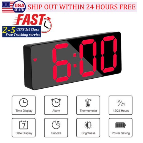 Digital LED Desk Alarm Clock Large Mirror Display USB Snooze Temperature Mode US