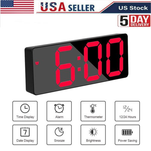 Digital LED Desk Alarm Clock Large Mirror Display USB Snooze Temperature Mode US