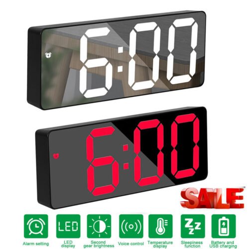 Digital LED Desk Alarm Clock Large Mirror Display USB Snooze Temperature Mode US