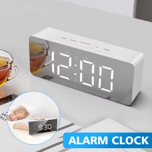 Digital LED Desk Alarm Clock Mirror USB Table Snooze Temperature Display Clocks