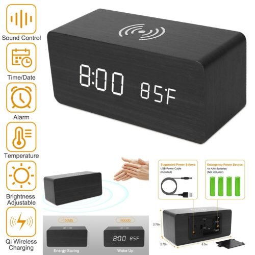 Digital LED Electric Alarm Clock With Phone Wireless Charger Thermometer Table