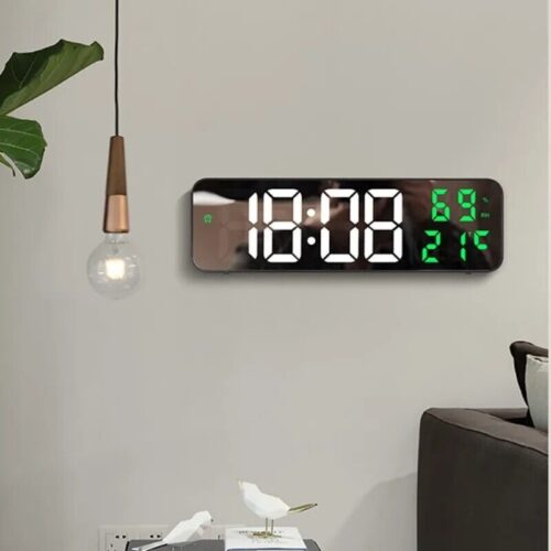 Digital Led Mirror Wall Clock Alarm Temperature Humidity 9" Large Display Night