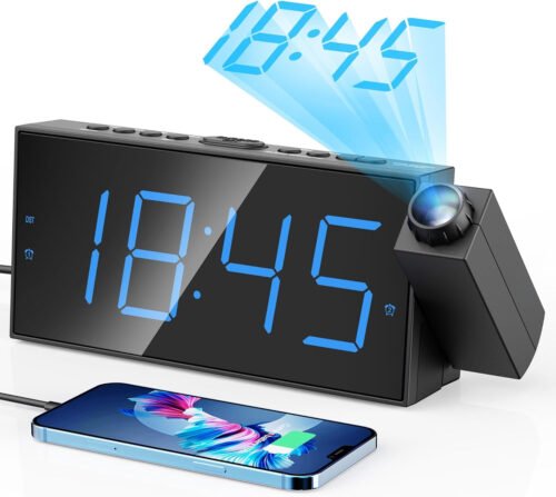 Digital Projection Alarm Clocks for Bedrooms - Large LED Display, 180ยฐ Rotatable