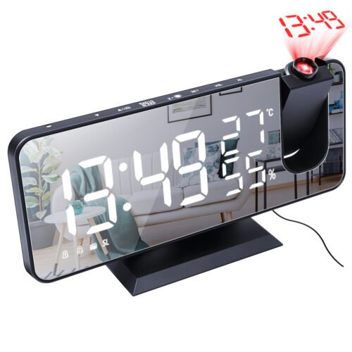 Digital Projection Dual Alarm Clock LED USB Charger for Kids Bedroom 12/24H
