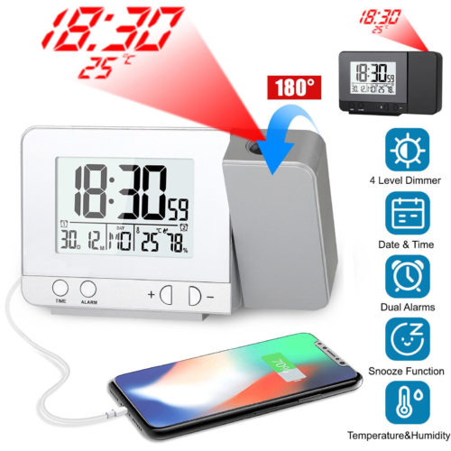 Digital Projector Alarm Clock Weather Calendar LED Snooze USB Dimmable Humidity photo