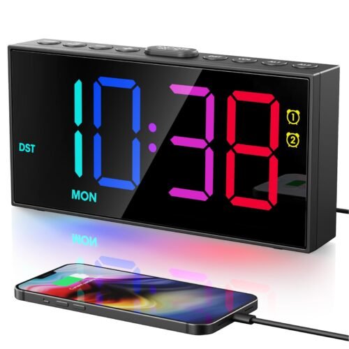Digital RGB Alarm Clock for Bedroom Loud Colorful LED Big Number Digital Cloc...