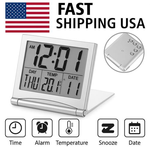 Digital Travel Alarm Clock Compact LCD Time Date Temp Display Timer Portable
