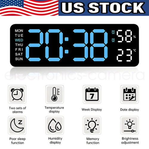Digital Wall Mounted Clock LED Display Thermometer/Humidity Date Home 12/24H