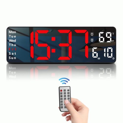 Digital Wall Clock 13" Large LED Display, Loud Alarm, Remote Control, DST