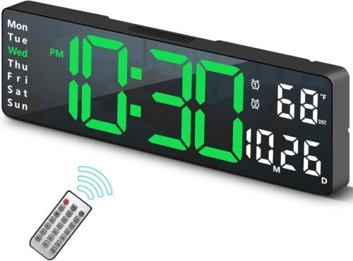 Digital Wall Clock - Large 13" LED Display, 2 Alarm, Remote Control, Temp, Date