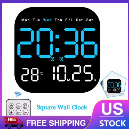 Digital Wall Clock Large LED Mirror Alarm Temperature Humidity Square w/ Romote