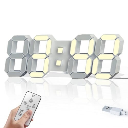 Digital Wall Clocks - 15'' 3D LED, Warm Light and Modern White Frame