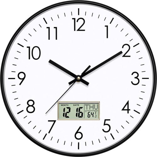 Digital Wall Clock with Date, Month, Day of Week and Temperature, 12 Inch Non-Ti