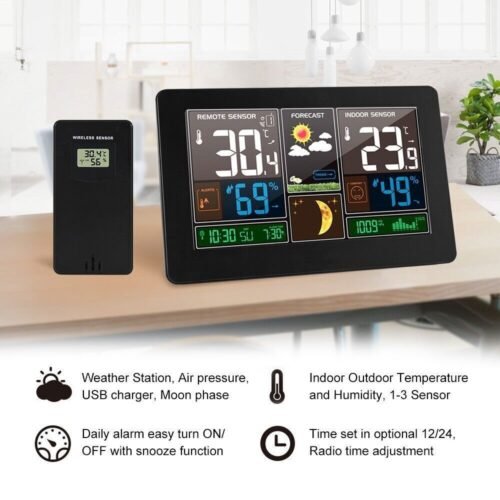 Digital Wall Table Clock Alarm Indoor Outdoor Tempetature Humidity Barometer Wir