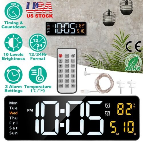 Dimmable LED Digital Wall Alarm Clock Temperature Date Day w/ Remote Control