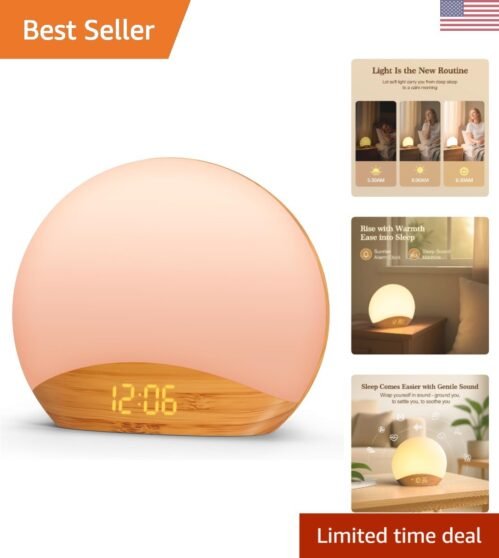 Dimmable Wood Grain Sunrise Alarm Clock with Sleep Sounds - Gentle Wake-Up Light