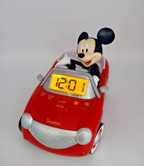 Disney Mickey Mouse Car Alarm Clock Talking & Music 8", Used.