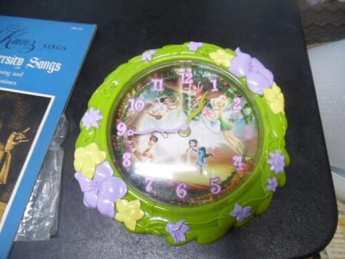 Disney Tinkerbell & fairies green plastic purple & yellow flower wall clock 8"