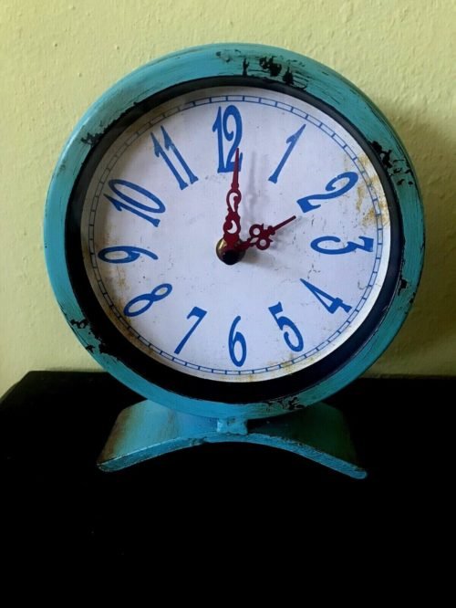 Distressed Aqua Blue Metal 8" Mantle Clock with Red Hands Retro Nautical WORKS