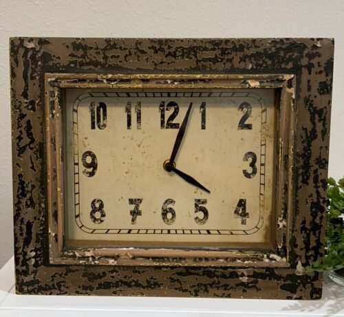 Distressed Brown Black Chip Paint Wood Rectangle Quart Movement Shelf Wall Clock