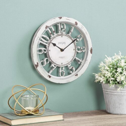 Distressed Ivory Farmhouse Wall Clock 10" Antiqued Cut Out Country Home Decor