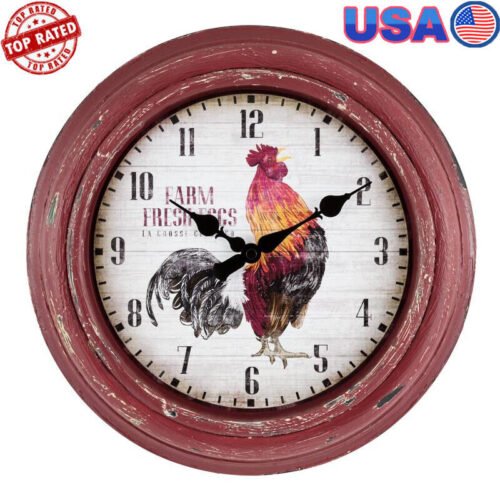 Distressed Red Rooster Analog Wall Clock Kitchen Decor Quartz Battery Operated