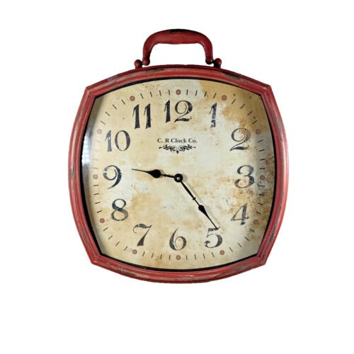 Distressed Shabby Chic Rustic Farmhouse Metal 16"x 18.5" Wall Clock Faded Red