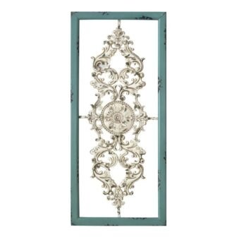 Distressed White & Turquoise Framed Scroll Metal Panel