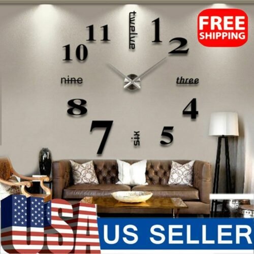 DIY 3D Large Wall Clock Mirror Surface Sticker Home Office Room Modern Decor Set