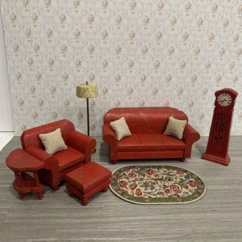 Dollhouse 1:12 Antique Strombecker Original Red W/Gold Living Room Set & More