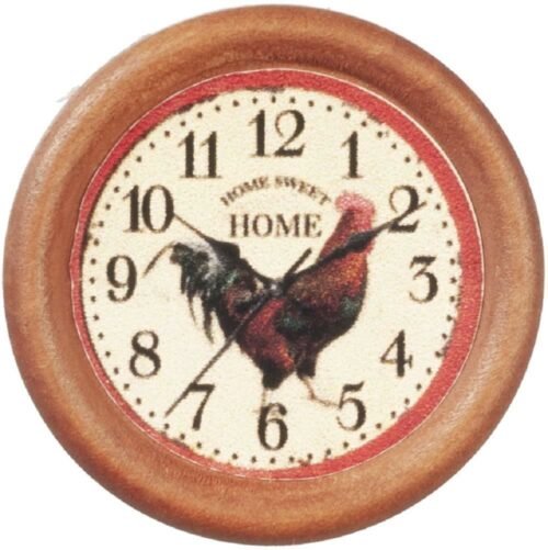 Dollhouse Rooster Round Wall Clock Wooden Black Numerals Miniature Accessory