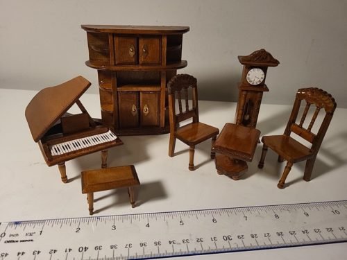 Dollhouse Wooden Furniture Piano Grandfather Clock Chairs Table China Cabinet