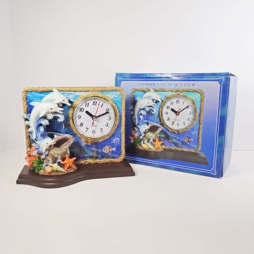 Dolphin Duo Novelty Quartz Table Clock. Seashells and Ocean Scene. Never Used