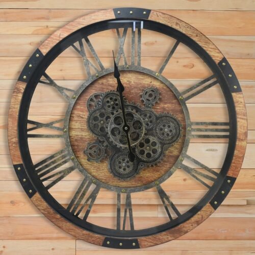 DORBOKER 27" Large Real Moving Gears Wall Clock Toughened Glass Cover - Brown