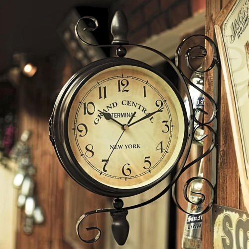 Double-Sided Clock, European Vintage Style with Metal Frame | 360° Rotatable, Si